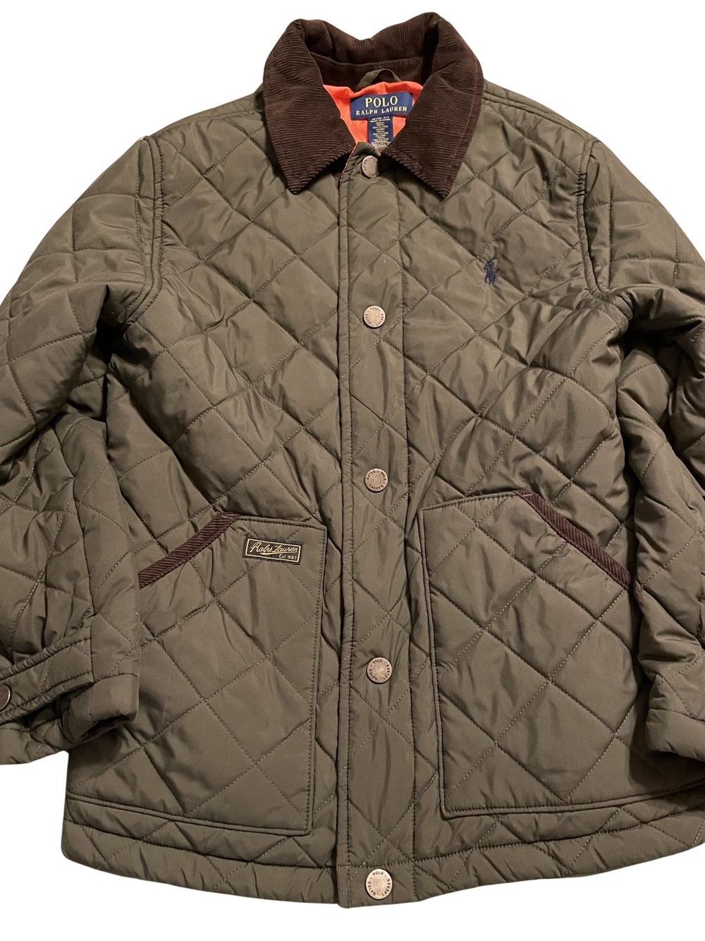 Ralph Lauren Quilted Olive Green Puffer Jacket with Brown Cord Collar